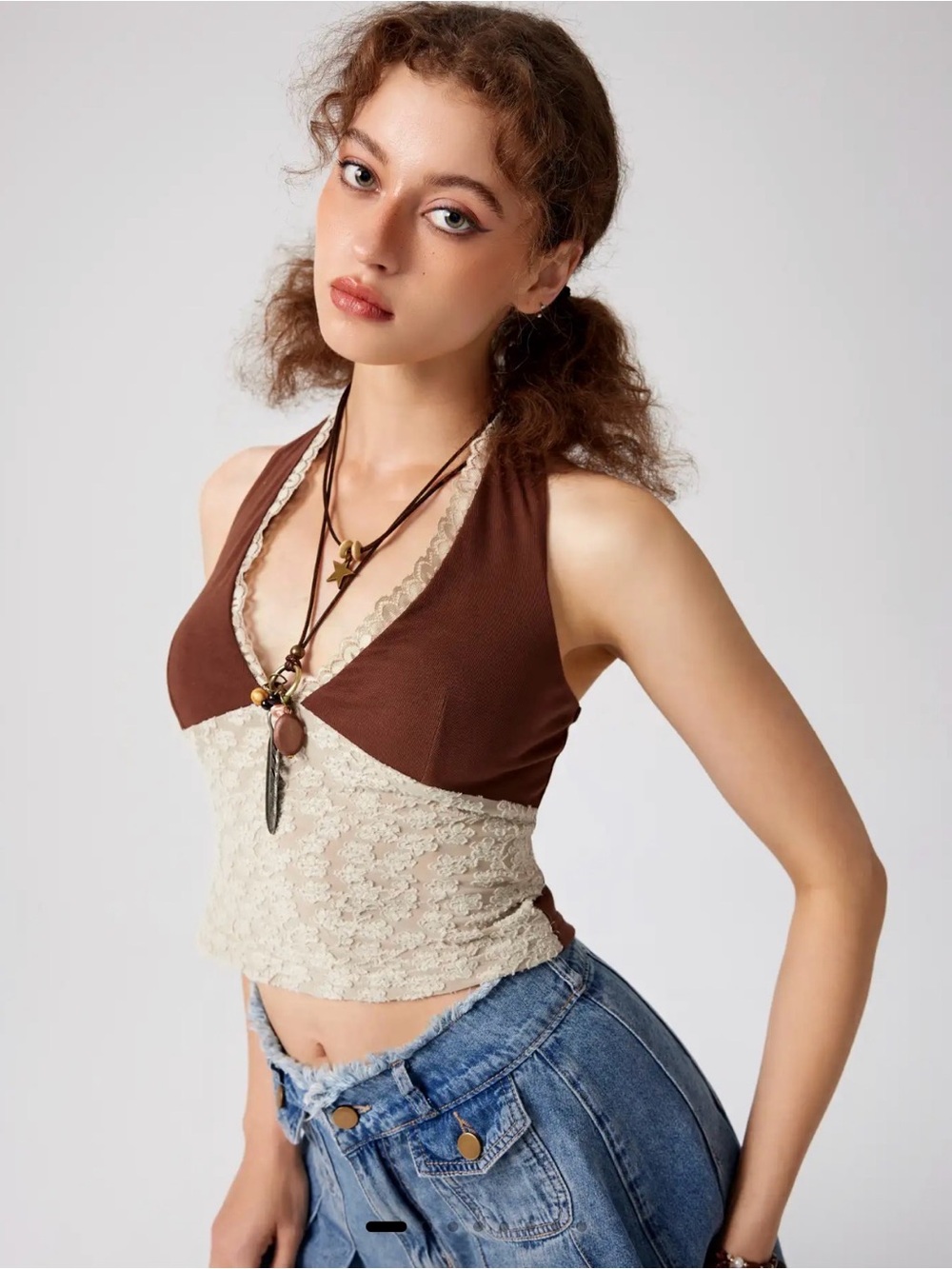 Cider Brown and White Lace Halter Camisole